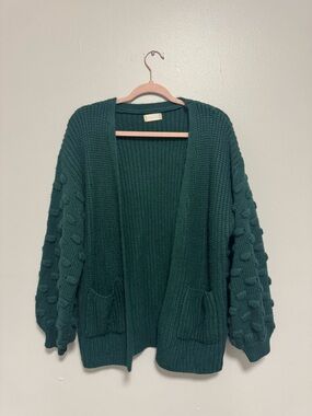 Altar’d State Oversized Open Front Green Pom Pom Sleeve Cardigan